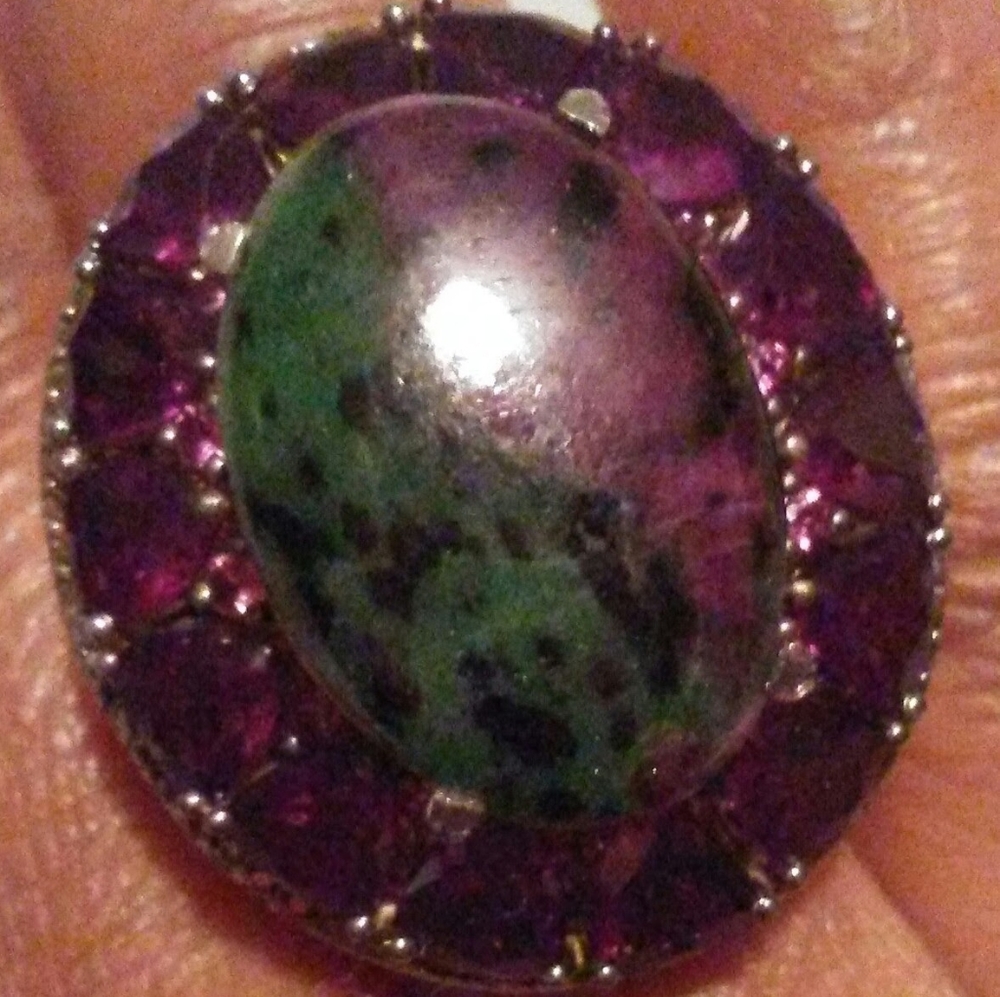 BIG MOZAMBIQUE RED GARNET RING WITH RUBY ZOISTE, WHITE DIAMOND RING